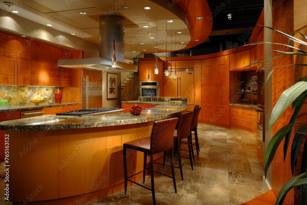 A large kitchen featuring a center island with bar stools for seating and food preparation