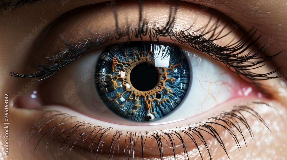 Fototapeta premium An eye with a blue iridescent color with reflection of digital elements reminiscent of a high-tech interface. Concept: artificial intelligence, future technologies in ophthalmology, bionic eyes