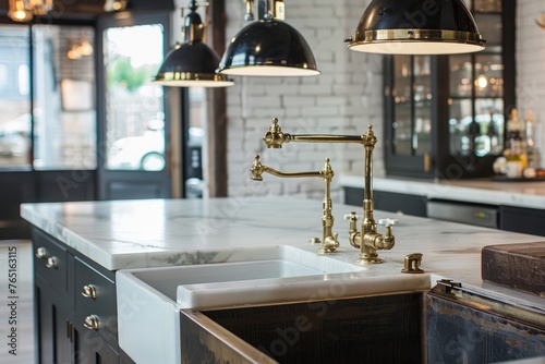 A modern kitchen featuring a sink and two pendant lights hanging above