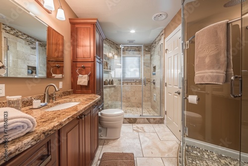 A modern bathroom featuring a walk-in shower located next to a sleek sink