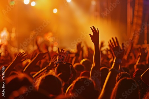 A vibrant crowd of people with raised hands enjoying a concert, exuding energy and excitement