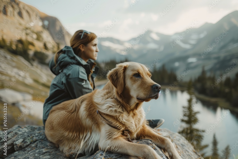 A woman is sitting on a rock next to a dog in a scenic outdoor setting