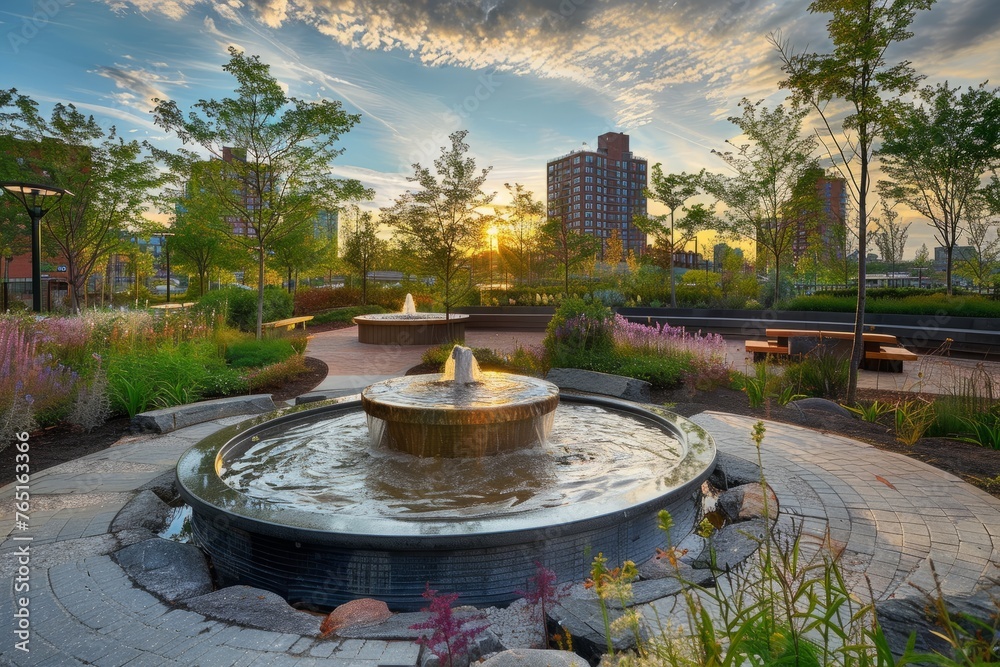 A fountain surrounded by lush greenery stands in the center of a city park, with benches and paths in the background