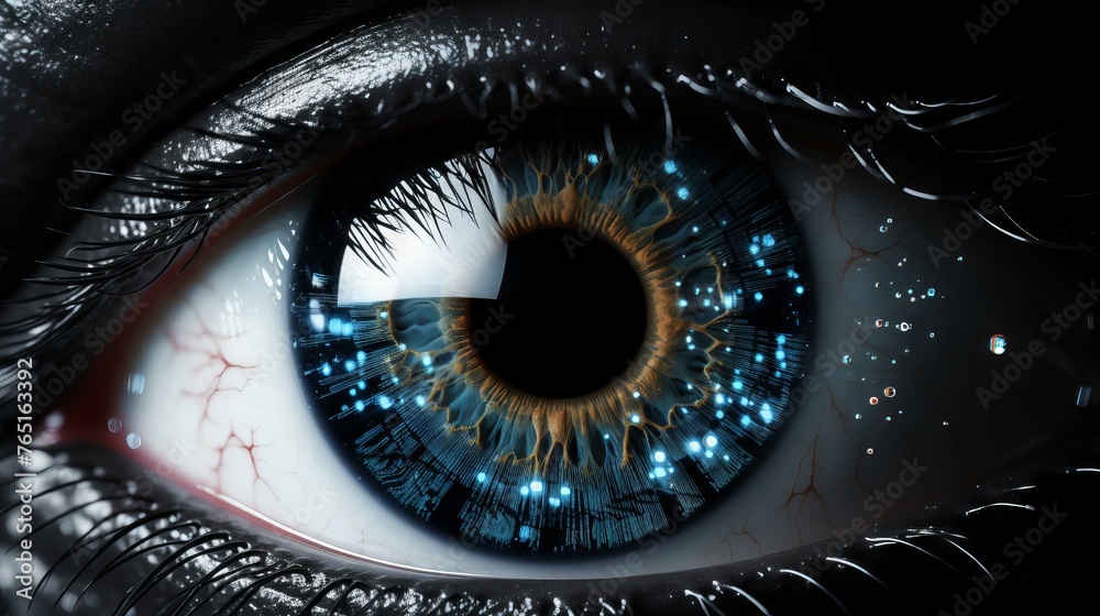 An eye with a blue iridescent color with reflection of digital elements reminiscent of a high-tech interface.
Concept: artificial intelligence, future technologies in ophthalmology, bionic eyes