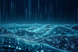 Cyber data wave with blue binary code over digital landscape