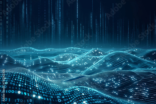 Cyber data wave with blue binary code over digital landscape