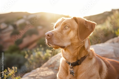 A brown dog is sitting on top of a rocky hillside