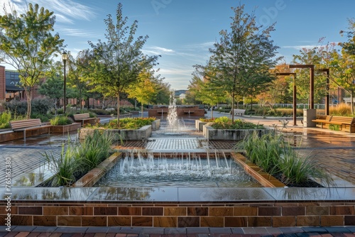 A water fountain is the central feature in a park setting, surrounded by benches and trees providing a relaxing spot for visitors