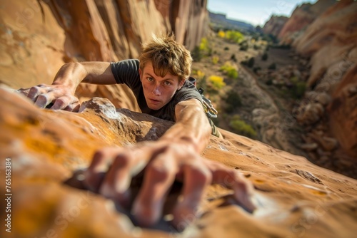 A man is ascending the side of a cliff, displaying rock climbing skills and determination