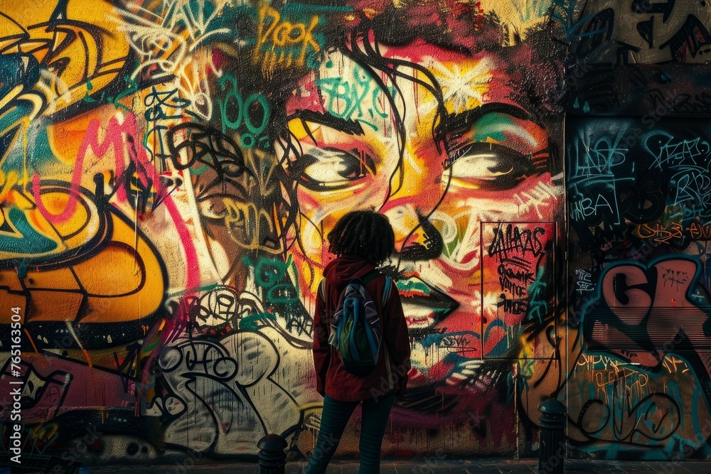 A woman standing in front of a wall covered in vibrant graffiti artwork