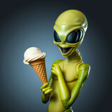 Green alien with a joyful expression holding vanilla ice cream