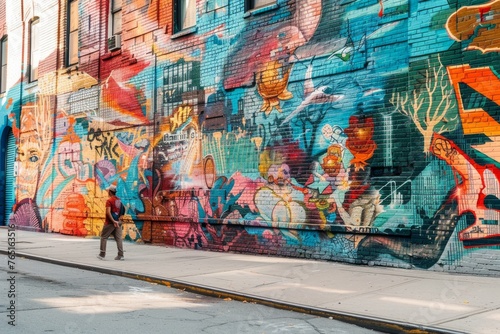 A man walks down a street lined with a vibrant, colorful wall showcasing street art murals