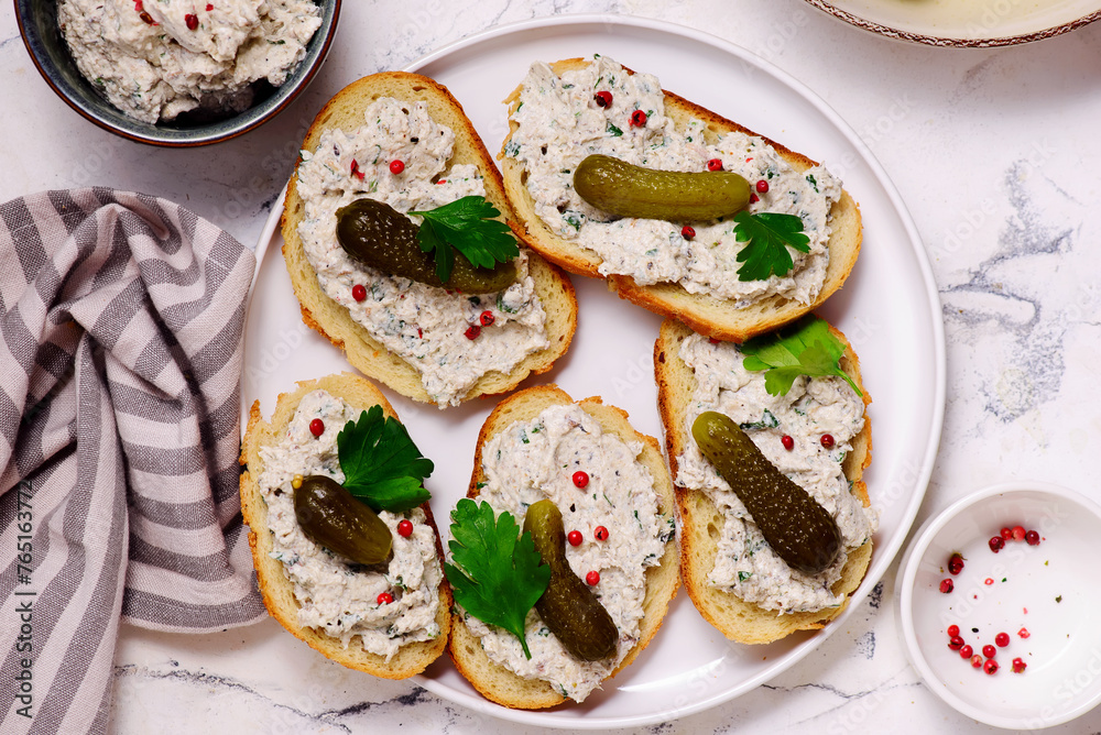 Sardine and cream cheese rillettes with gherkins .top veiw