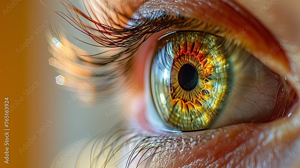 human eye with an iris in shades of yellow and green, illuminated from ...