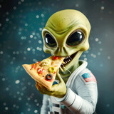 Humanoid alien with big eyes enjoying a slice of pizza over dark background