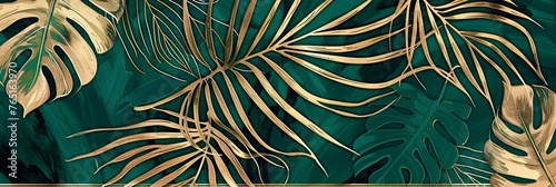 Luxury golden art deco wallpaper featuring a nature-inspired floral pattern with golden split-leaf Philodendron and monstera plant line art on an emerald background photo