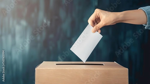 Close-up of a Hand Casting a Ballot into a Voting Box, Symbolizing Democratic Elections. Concept of Civic Duty and Democracy. Minimalist and Clean Style. AI