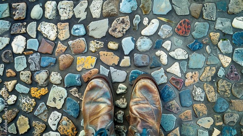 A person wearing brown leather boots is standing on a colorful mosaic floor made of small pebbles.