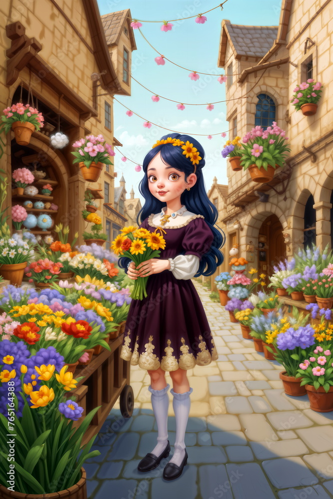 A Florist Girl with a Colorful Bouquet 