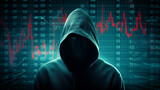 Mysterious figure in hoodie against digital financial chart background