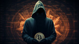Shadowy figure in hoodie holding Bitcoin with digital data interface background
