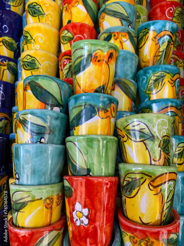 Colorful cups on display in a shop in Naples, Italy 