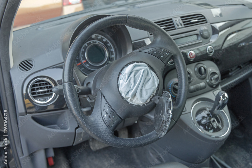 Open Driver Airbag From Steering Wheel Small Car Traffic Accident