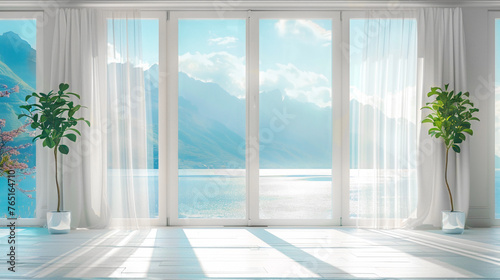 Empty bright room with large French windows with white curtains overlooking the mountains and sea