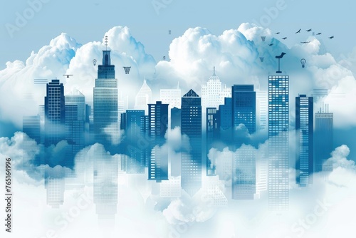 Serene cityscape enveloped in clouds - A calming digital cityscape enveloped by soft white clouds against a pale blue background
