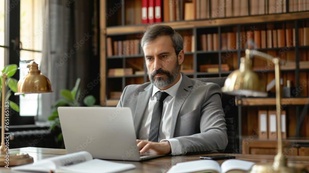 Confident male lawyer working on laptop in his office.