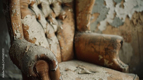 A vintage wooden chair with peeling paint. Suitable for rustic or vintage themes