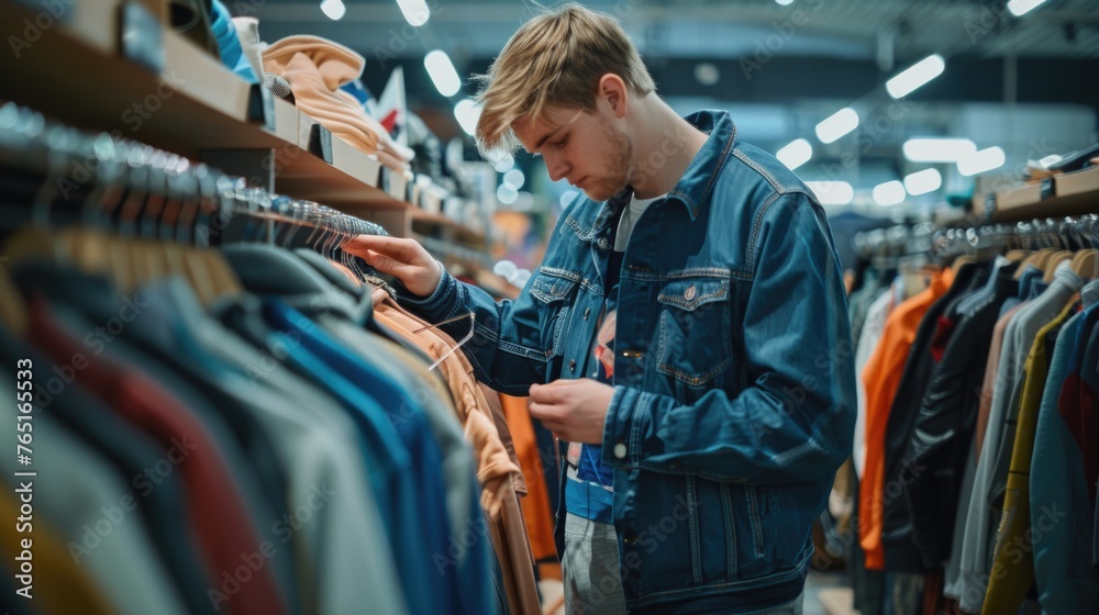 A man browsing clothes in a store. Suitable for retail concepts