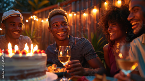 A group of friends celebrate with a birthday cake and candles in a warmly lit evening garden setting.