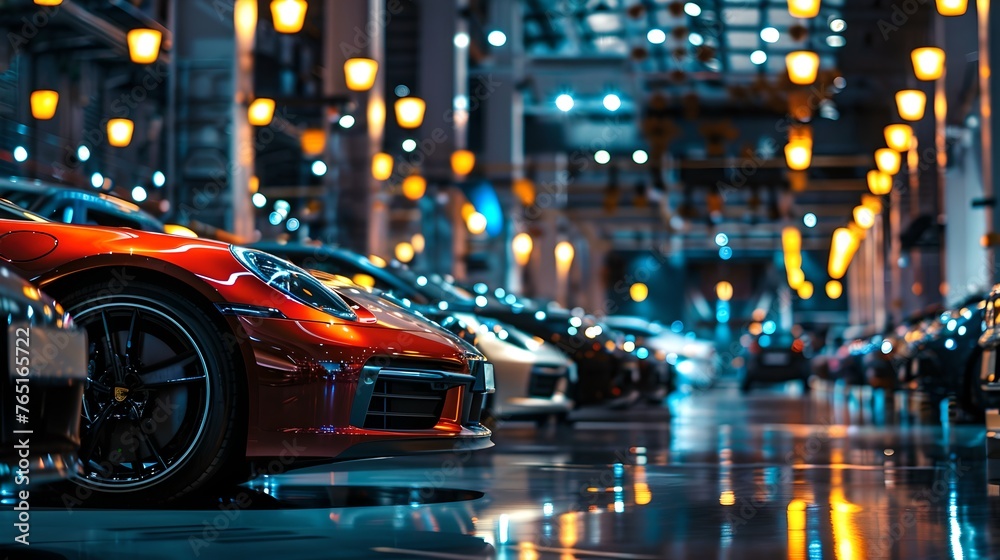 Sleek sports cars lined up at night on a city street. Urban elegance and automotive style captured in a vibrant photo. Ideal for modern lifestyle themes. AI