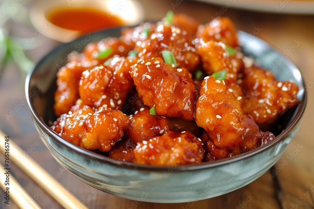 A photo of a bowl filled with chicken sprinkled with sesame seeds, accompanied by a pair of chopsticks, Tangy, sweet and spicy - a vibrant ode to General Tso's chicken, AI Generated A photo of a bowl filled with chicken sprinkled with sesame seeds, accompanied by a pair of chopsticks, Tangy, sweet and spicy - a vibrant ode to General Tso's chicken, AI Generated