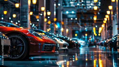 Sleek sports cars lined up at night on a city street. Urban elegance and automotive style captured in a vibrant photo. Ideal for modern lifestyle themes. AI photo