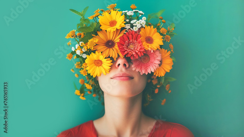Beautiful young woman with wildflowers covering her head on green background. Fashion beauty banner for cosmetics makeup mental health concept © olindana