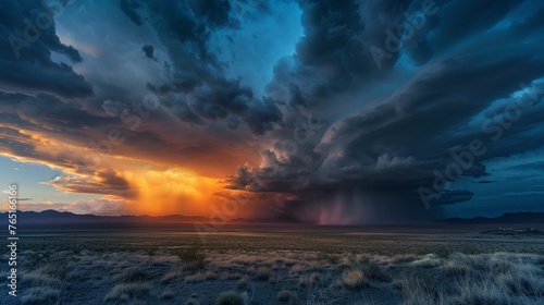 Dramatic Storm Clouds Gathering Over a Desert Landscape at Sunset - High Resolution, Ultra Realistic Weather Photography.