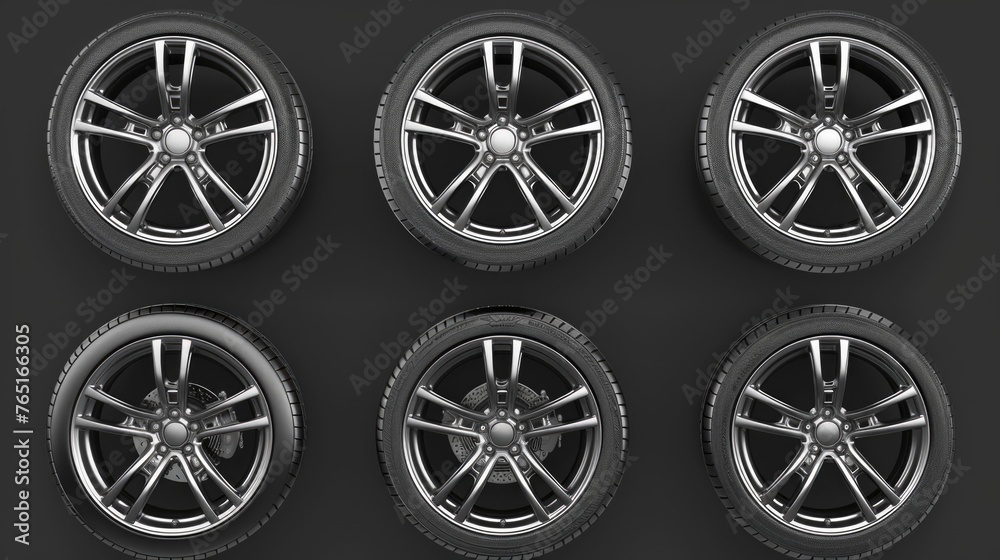 A set of four wheels on a dark black background. Ideal for automotive concepts