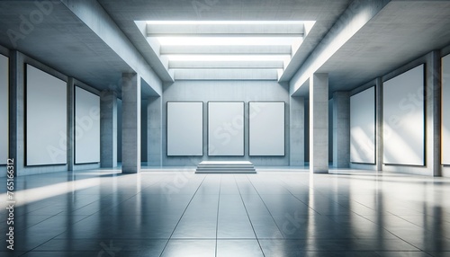 Three vertical frames Mockup hanging on wall. Mock up of billboards in modern concrete gallery room  Minimalistic gallery interior with three empty banners.