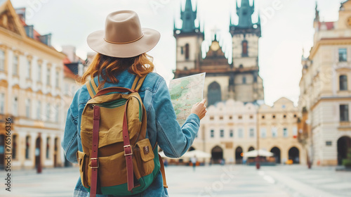 Girl student with backpack holding a map in her hands standing on a square in a European city. Travel tourism concept