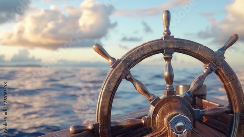 Boat steering wheel on a vessel in the open ocean. Suitable for travel and transportation concepts