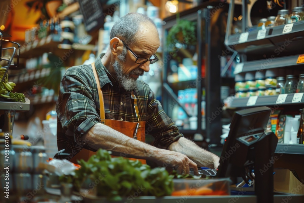 A man in an apron chopping vegetables in a store. Suitable for food and cooking concepts A man in an apron chopping vegetables in a store. Suitable for food and cooking concepts