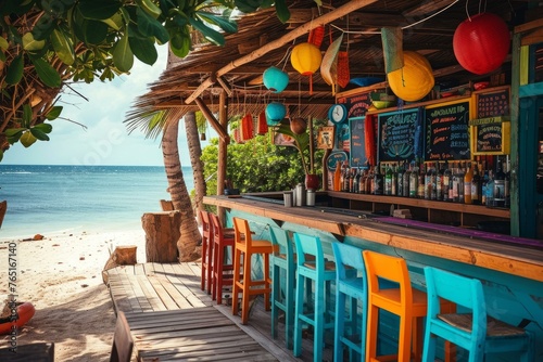 Fototapeta Naklejka Na Ścianę i Meble -  Beach bar ocean summer. Skyline sea. Generate Ai
