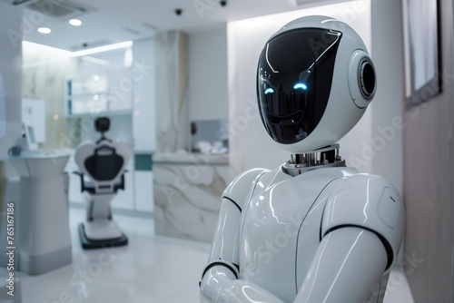 Un reluciente robot mira a lo lejos, su compostura humanoide contrasta con su rostro de alta tecnología. Anidado en una habitación que refleja el amanecer de una era tecnológica. photo