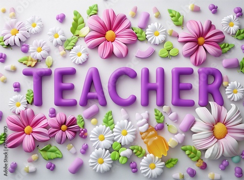 Un vibrante homenaje a los educadores, la palabra 'TEACHER' florece en púrpura rodeada de un encantador jardín de flores rosas y blancas, simbolizando el crecimiento y la nutrición que proporcionan.