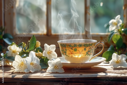 na taza de té humeante exhala tranquilidad al lado de jazmines en flor, capturando la esencia de una mañana pacífica bañada en luz solar dorada.