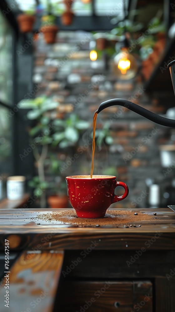 En medio del verdor de la jungla urbana, una taza roja rebosa con café recién vertido, un momento de tranquilidad en el ajetreo de la ciudad. La taza se destaca como un faro de confort.