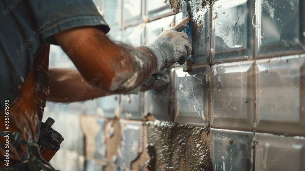 A man is seen working on a tile wall. Perfect for construction or renovation projects A man is seen working on a tile wall. Perfect for construction or renovation projects