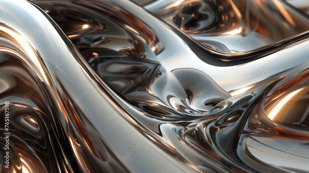 Fluid dynamic waves in metallic tones. 3D rendering of swirling liquid metal with reflective surface.